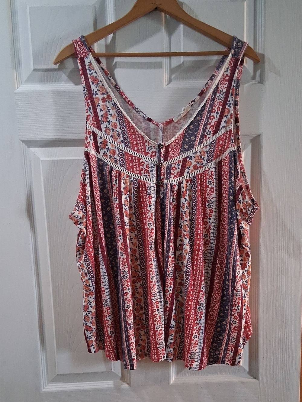 Maurices Red and Navy Boho Stripe Floral Tank Top With Crochet Detail